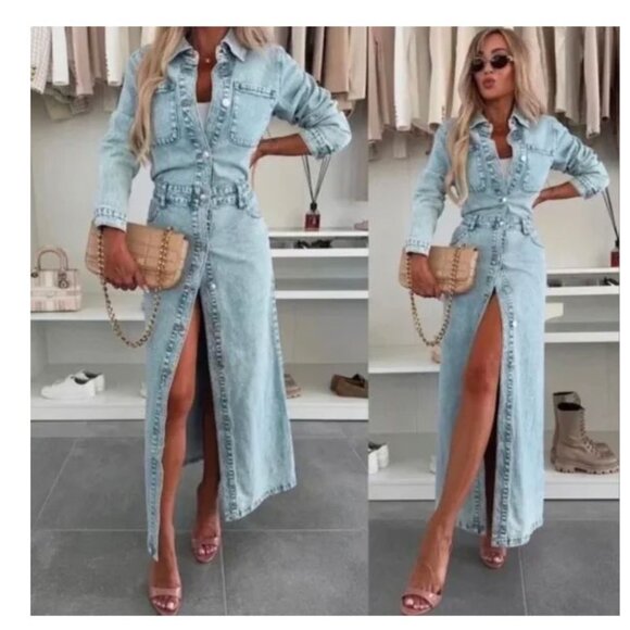 Zara Denim Midi Dress Long Sleeve Button Down Jean Dress - Picture 8 of 8